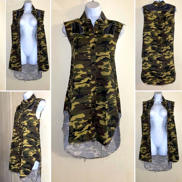 Tops - Distressed High Low Camouflaged Shirt